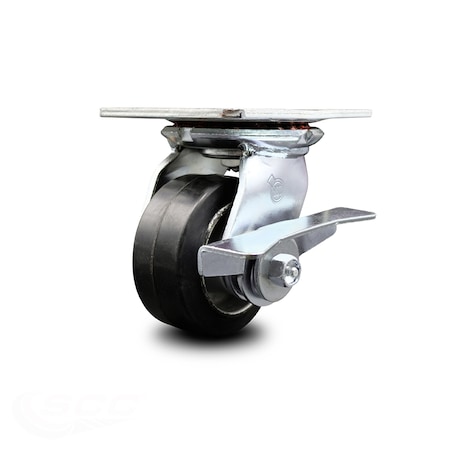 Service Caster 4 Inch Heavy Duty Rubber on Aluminum Caster with Roller Bearing and Brake SCC SCC-35S420-RAR-SLB